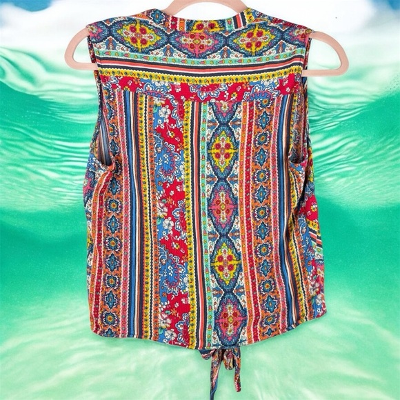 American Rag Colorful Sleeveless Boho Print Button Up Tie Front Peasant Sm Top - Picture 2 of 8